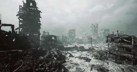 Naklejka premium towering skeletal skyscraper amidst foggy ruins, jagged beams and exposed rebar frame horizon survey drone imagery vibe with industrial texture and cinematic