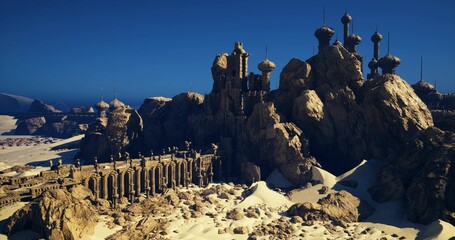 sunlit sandstone citadel atop dunes, vast rocky bastion under deep blue sky, ornate spires and ramparts casting long shadows, winding stone bridge leading into © icetray