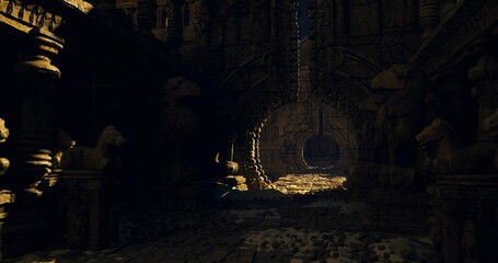 Long stone corridor leading to gold pile, distant arch framed by flickering glow and textured pillars creating dramatic cinematic adventure mood. © icetray