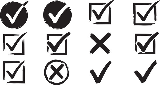 Grunge Hand Drawn Checkmark Cross Tick X Icons with vector illustration