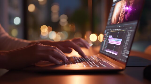 Working late at night on a laptop with city lights in the background