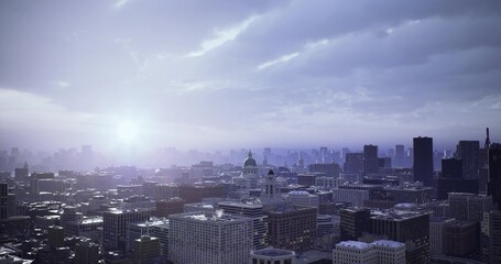 Fototapeta premium early morning glow over metropolitan skyline with warm highlights, low sun breaking cloud layers, layered rooftops and distant towers, soft reflections on glass