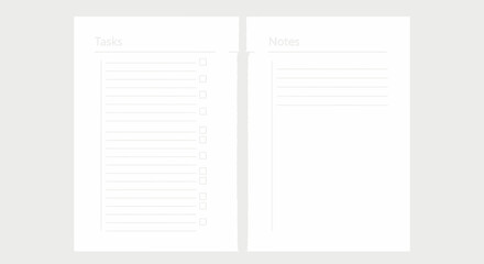 Two blank white pages with 'Tasks' and 'Notes' headings, featuring lines for writing and checklists.