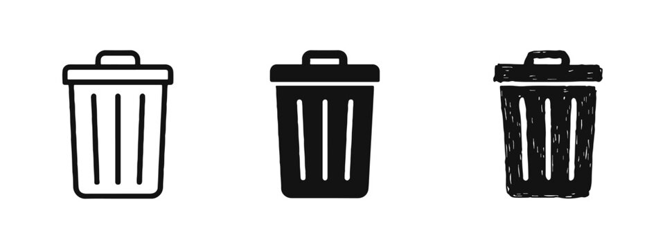Trash Can and Recycle Bin Icons Set in Outline, Solid, and Hand-Drawn Styles