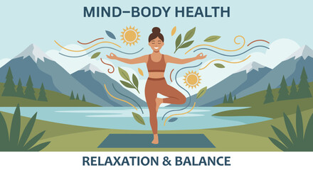 Smiling woman practicing a yoga tree pose on a mat in a serene mountain landscape with a lake, representing mind-body health, relaxation, and balance in a flat vector illustration style
