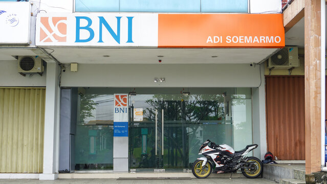 Front view of bank bni branch office. Bank Negara Indonesia (State Bank of Indonesia), is an Indonesian state-owned bank. It has branches primarily in Indonesia. 