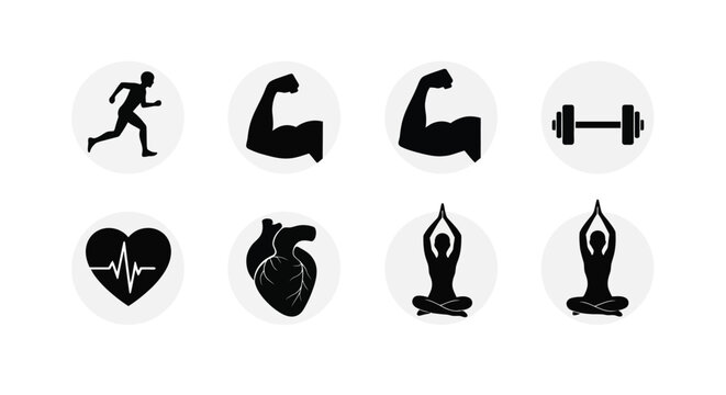 Fitness icons featuring a running man and yoga poses silhouette
