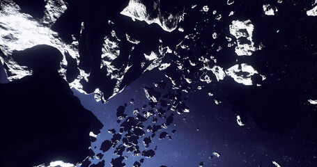 Endless field of floating rocks drifting through silent cosmos, ethereal starlight creates pinprick highlights, weightless motion and slow cadence convey © icetray