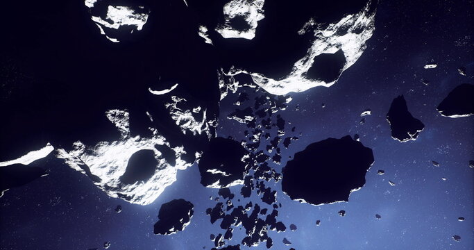 fragmented ring of boulders and drifting dust, large rugged rocks surrounded by fine particle cloud, subtle lighting reveals texture, slow tumble and complex