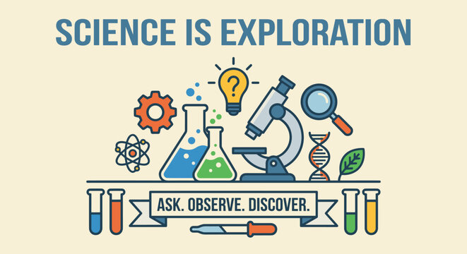 Colorful flat design science education banner with icons for chemistry, biology, and physics like a microscope, beakers, and DNA helix for learning and discovery