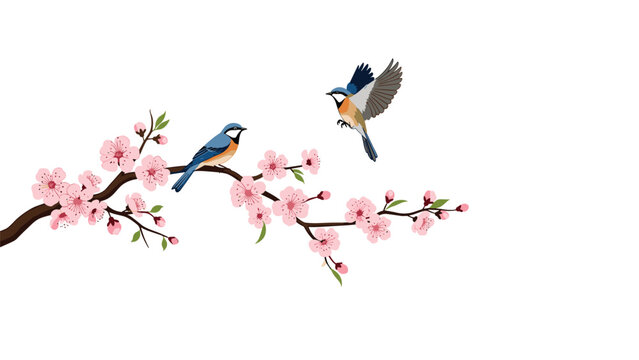 Small blue and orange birds are perched and flying near a blossoming cherry tree branch with pink flowers on a clean white backdrop.