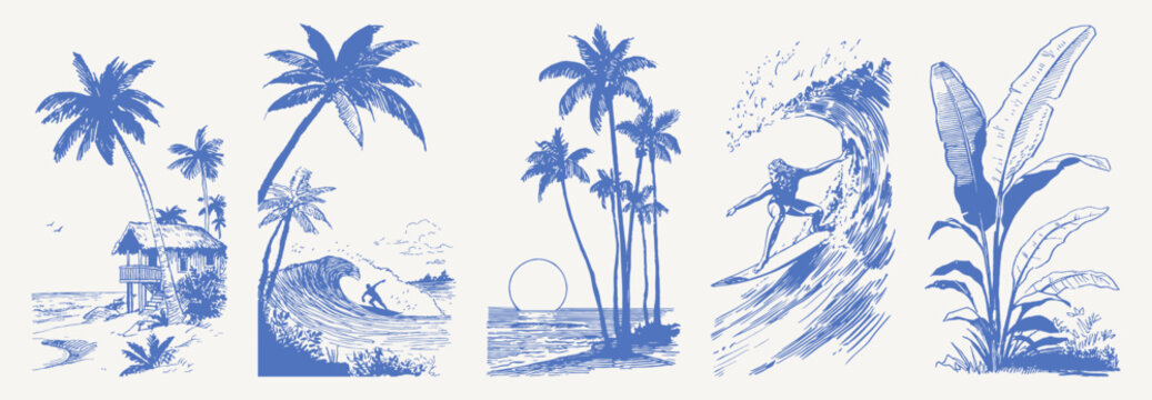 Beach huts waves palms vintage hand drawn sketch. Crayon drawing line art set with surf, cottages, stools bar and ocean coast. Retro tropical vacation collection.