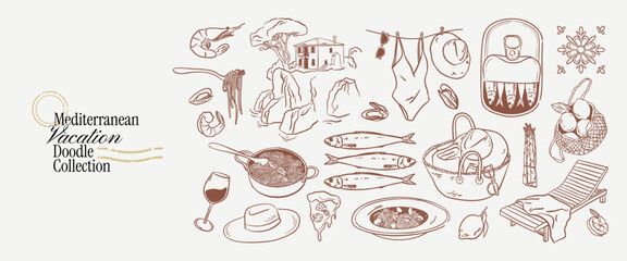 Fototapeta premium Crayon drawn mediterranean doodle. Hand drawn summer coastal ink line sketch drawing. Pasta, seafood, wine, spaghetti, lemon elements. Vector italian food, vacation chalk silhouettes for invitations.