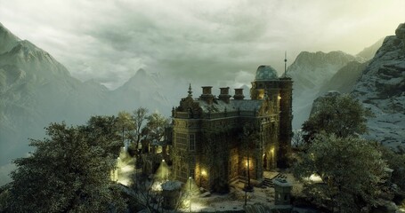 Snowbound castle manor with lit windows and turrets, mountain ridge backdrop and swirling snowfall, caretaker role implied by warm lantern glow, courtyard paths © icetray