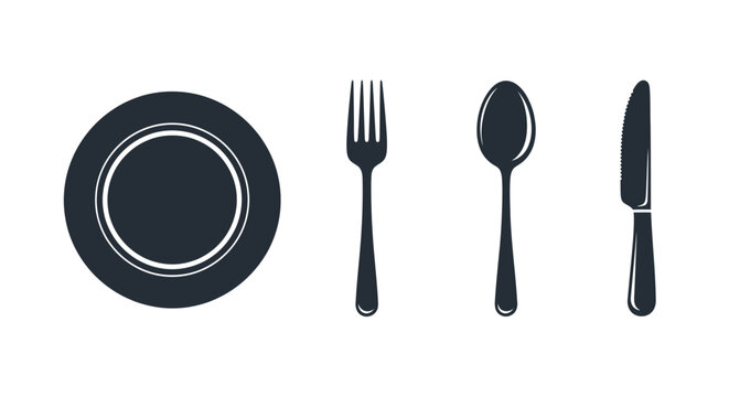 Black flatware set including plate fork spoon and knife silhouette
