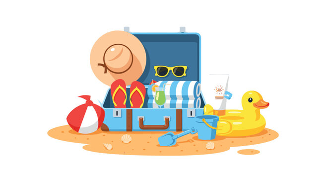 A blue suitcase filled with summer vacation items sits on a small patch of sand alongside a yellow duck floatie and a striped beach ball against a white background.