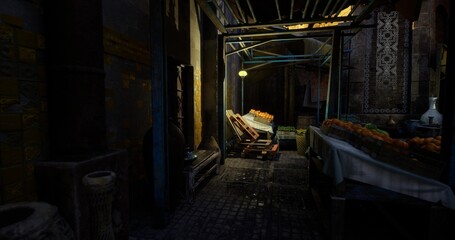 Obraz premium sunrise market corridor lined with crates and empty stalls, early light casting long shadows over cobblestone path, preparatory calm before opening, textured