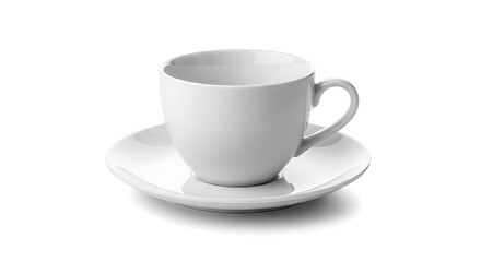 Obraz premium Empty White Ceramic Coffee Cup with Handle on Matching Saucer Isolated on Light Background