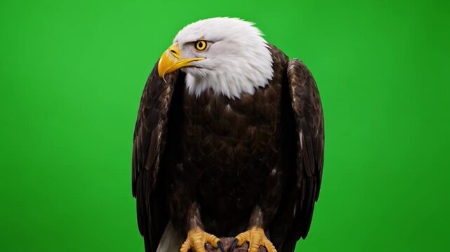 Majestic Bald Eagle Perched Gracefully, Showcasing Feather Detail Against Bright Green Background