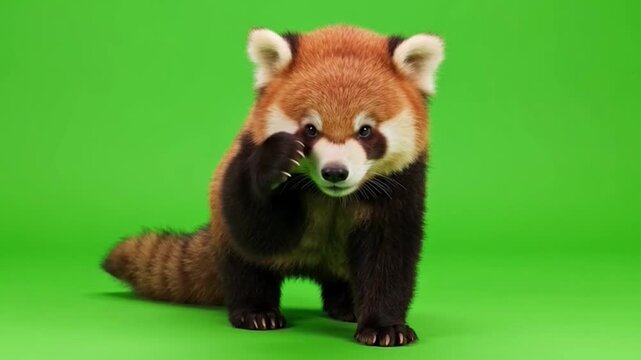 Adorable Red Panda Standing on Bright Green Background with Playful Expression and Fluffy Fur