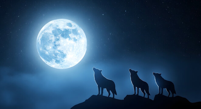 Three wolves howling at a full moon on a hilltop