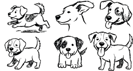 Obraz premium Scribble chalk or charcoal style dogs drawing. Hand drawn puppy sketches, wax crayon outline funny whimsical grunge charcoal art for tshirt print, placard, poster or isolated doodle stickers