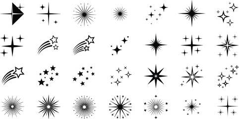 Black star and sparkle icons, celestial decorative elements, shooting stars, bursts, clusters, magic light symbols, vector design resources for creative projects © Creative360