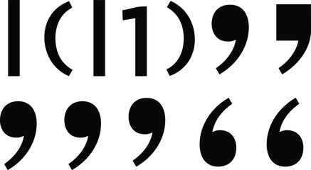 Fototapeta premium Typography quotation marks and apostrophe glyphs, diverse font styles, punctuation design elements, vector resources for typesetting, graphic design, editorial projects