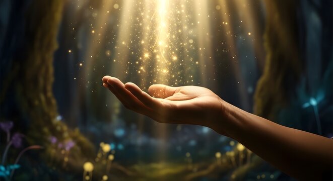 Hand reaching out with glowing magical particles flowing from it in a mystical forest