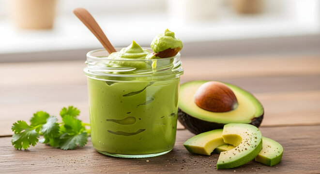 Fresh avocado puree in a glass jar with whole and sliced avocados and cilantro on a wooden table