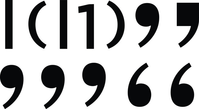 Typography quotation marks and apostrophe glyphs, diverse font styles, punctuation design elements, vector resources for typesetting, graphic design, editorial projects