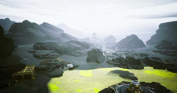 abandoned colony with chemical runoff carving yellow channels, derelict modules scattered across eroded valley, equipment half buried in sediment, atmosphere
