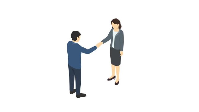 アイソメトリックイラストアニメーション：握手をするスーツ男性と女性