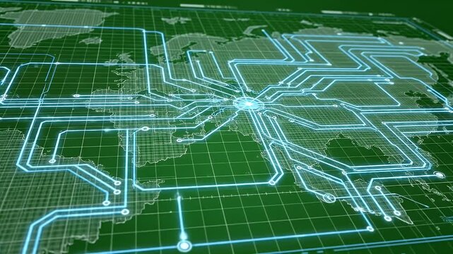A green world map overlaid with glowing blue circuit lines converging to a central point