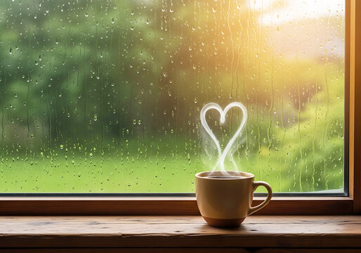 Happy friday coffee steaming in a mug on a rainy day, with heart-shaped steam creating a romantic atmosphere by the window.