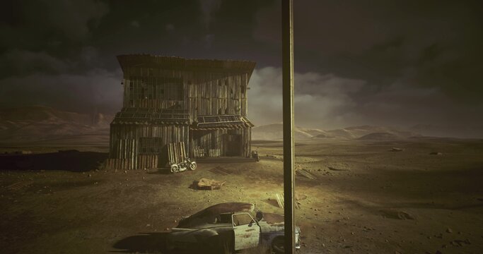 Dilapidated wooden shack on desert road, under moody storm sky, distant silhouette of lone drifter resting near leaning pole, scattered debris and dust,