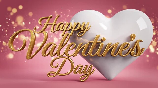 Golden Happy Valentine's Day text with white heart on pink background
