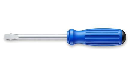 A blue handled screwdriver with a silver metal shaft and a flat head on a white background