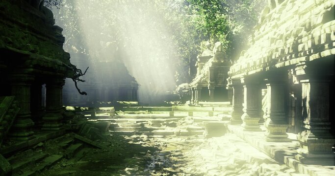 Sunlit ancient temple ruins bathing in soft rays, mosscovered stones and carved columns framing tranquil courtyard, cinematic haze, shallow reflective pools