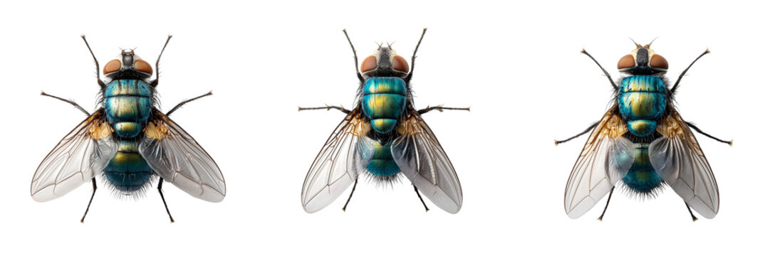 Set of Blue fly with glossy body surface and intricate wing patterns on transparent png background. Ai generated