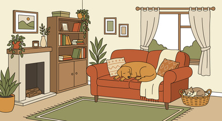 Naklejka premium Cozy living room interior with a dog sleeping on the sofa and a cat in a basket, creating a warm and peaceful home atmosphere in a flat illustration style