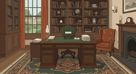 Naklejka premium Vintage home office study room interior illustration with a wooden desk, typewriter, bookshelves, and fireplace, creating a cozy and intellectual atmosphere for a writer or scholar