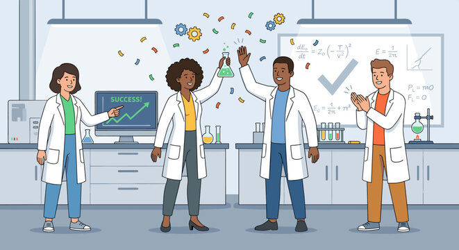 Diverse team of four happy scientists celebrating a successful experiment in a modern laboratory, cheering and applauding a breakthrough with confetti falling around them