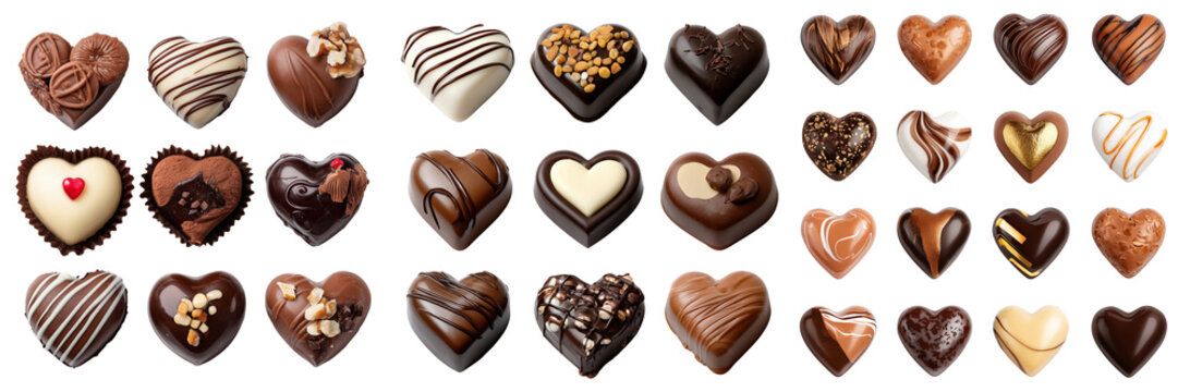 Set of Delicious Dark Chocolate Heart Shaped Candies on transparent png background. Ai generated