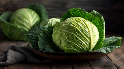Fototapeta premium Fresh Green Cabbage on Rustic Wood Table