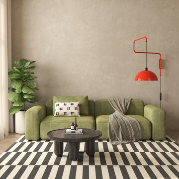 Mid century style conceptual dopamine interior room 3d illustration