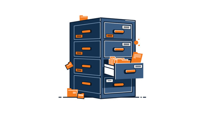 A dark blue four-drawer office filing cabinet with multiple orange folders protruding from drawers sits on white.