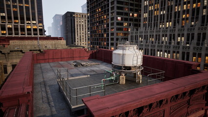 On a rooftop in a bustling city, an industrial water tank stands surrounded by urban skyscrapers. The early morning light reflects off nearby buildings, casting shadows. © icetray
