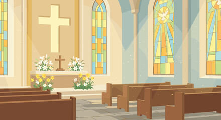 Peaceful church interior features an altar adorned with crosses and flowers, colorful stained glass windows, and rows of empty wooden pews, bathed in serene sunlight