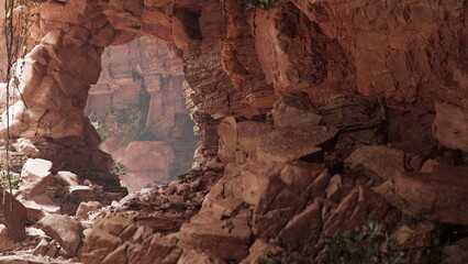 Visitors stand at the entrance of a stunning cave, marveling at the rich textures of the rocks and the enchanting play of light filtering through the opening, inviting adventure within.